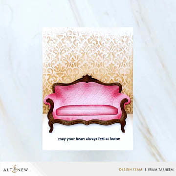 Card with a pink couch illustration and text on a white background