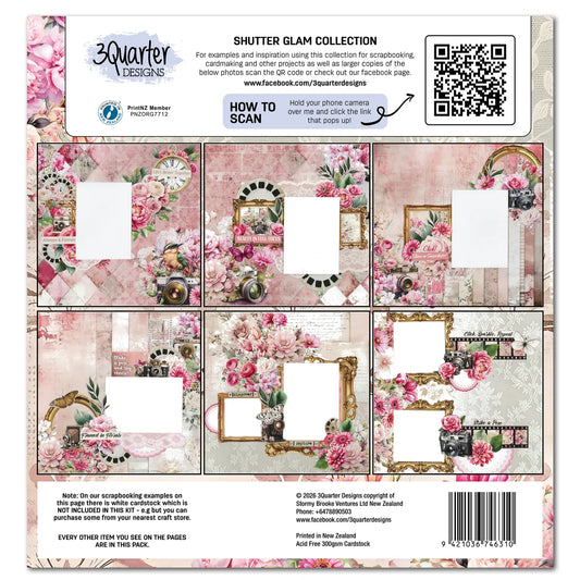 Back of a 3Quarters Designs 'Shutter Glam Collection' scrapbooking cardstock pack, showing six floral-themed card designs, instructions on how to scan, a QR code, and a barcode.
