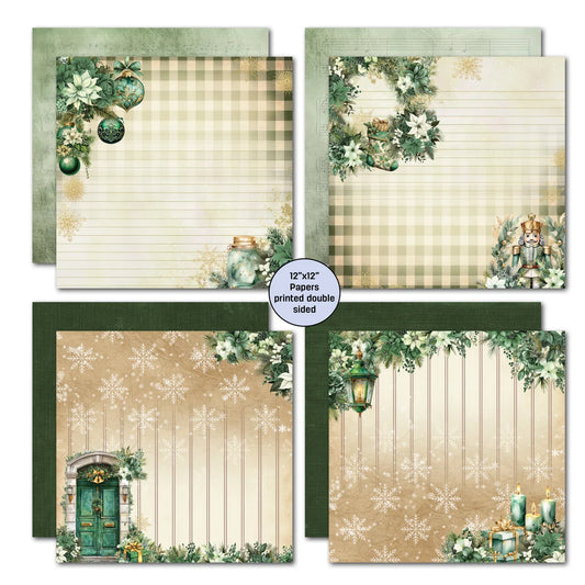Four Christmas-themed double-sided paper sheets arranged in a 2x2 grid, featuring beige plaid, cream vertical stripes, snowflakes, green ornaments, wreaths, a door, lanterns, and nutcracker illustrations. A circular label in the center reads '12"x12" Papers printed double sided'.