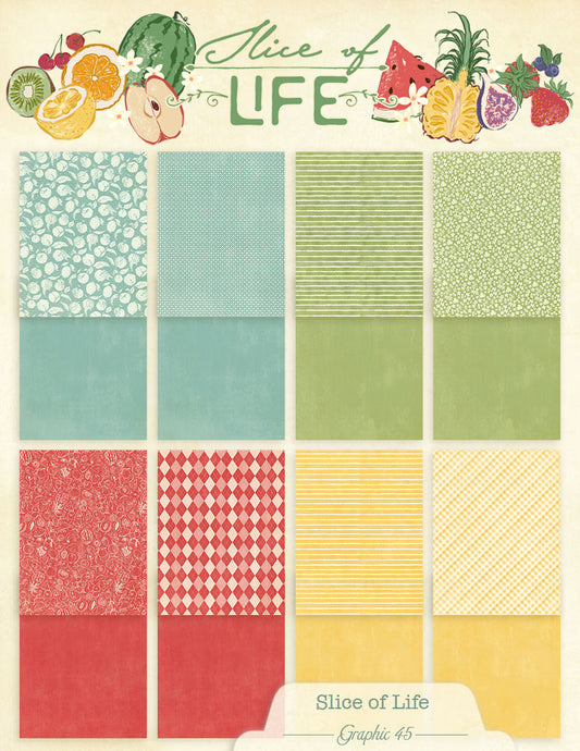 Collection of colorful patterned paper squares with 'Slice of Life' branding at the top.