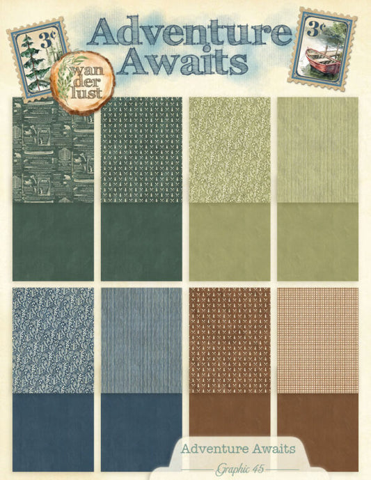 Collection of patterned papers with 'Adventure Awaits' text and 'Van der Lust' branding.