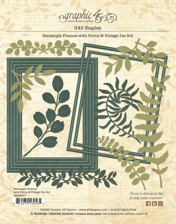 graphic 45 dies back of packaging with frames and ferns and foilage