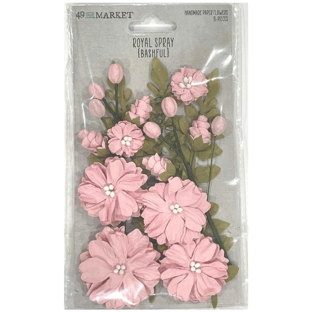 Packaged craft paper flowers in pink and green, labeled 'Royal Spray' by 49 and Market, in a clear plastic hanging bag.