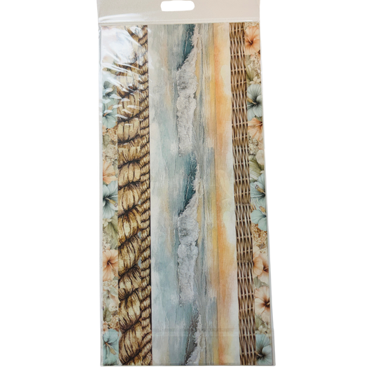 A packaged sheet of patterned washi tape with vertical tropical beach designs, including rope, water, sand, and floral motifs in muted beige, blue, brown, and cream tones.