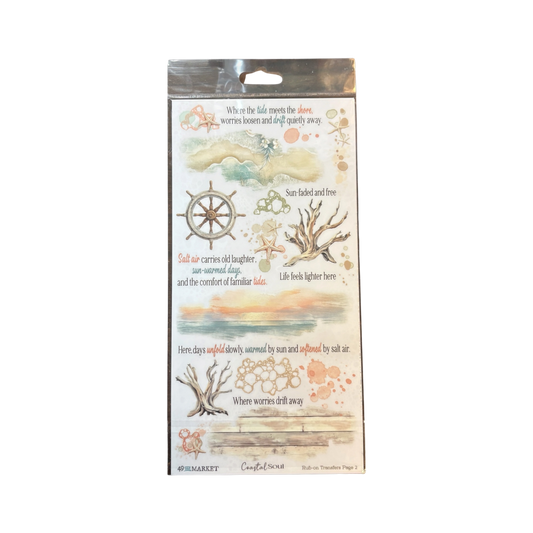 A packaged clear stamp set featuring nautical-themed designs including a compass rose, coral, seashells, and beach scenes with printed text and watercolor-style illustrations. The package is photographed against a plain white background.