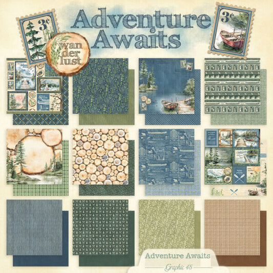 Collection of scrapbooking paper sheets with 'Adventure Awaits' theme and 'Wanderlust' brand.