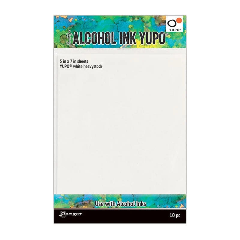 YuPo Alcohol Ink Yupo white heavyweight paper pack by Ranger, featuring 10 sheets of white paper with colorful green and blue abstract header and footer bands.