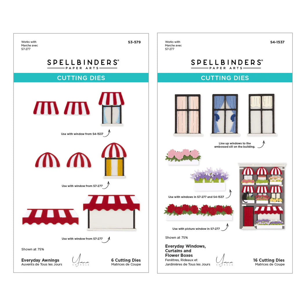 Spellbinders cutting dies with awning and window designs on a white background