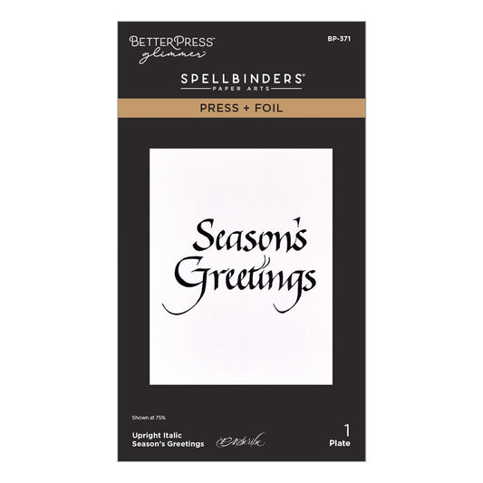 Spellbinders BetterPress Glimmer Upright Italic Season's Greetings plate package, BP-371