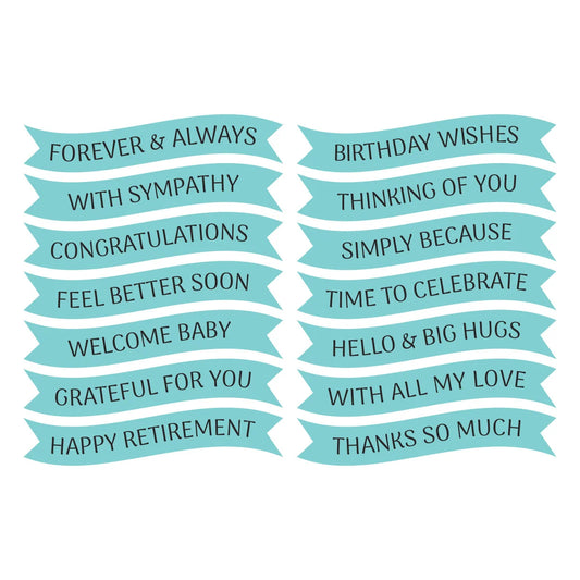 Twelve light aqua ribbon-shaped images representing Spellbinders Signature Sentiments press and foil plates. Images have black text celebrating various occasions, arranged in two columns on a plain white background.