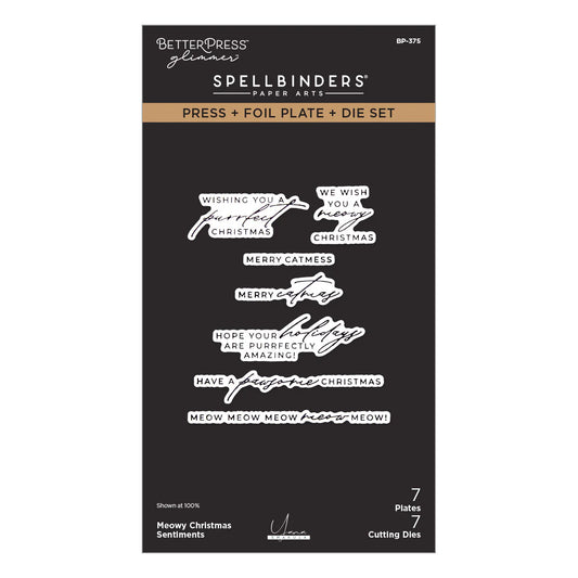 Spellbinders press, foil plate, and die set packaging with text on a black background