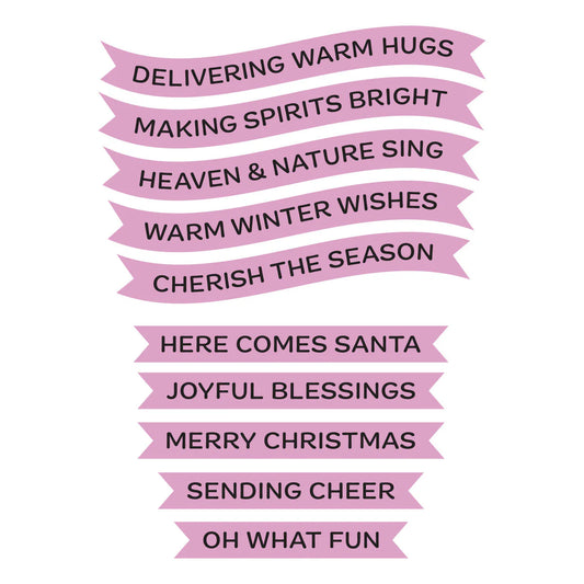 A set of pink ribbon-shaped decorative stickers with black text, arranged vertically on a plain white background. The phrases include: 'DELIVERING WARM HUGS', 'MAKING SPIRITS BRIGHT', 'HEAVEN & NATURE SING', 'WARM WINTER WISHES', 'CHERISH THE SEASON', 'HERE COMES SANTA', 'JOYFUL BLESSINGS', 'MERRY CHRISTMAS', 'SENDING CHEER', and 'OH WHAT FUN'.