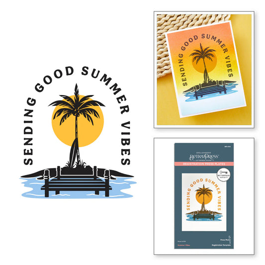 Promotional materials with 'Sending Good Summer Vibes' design featuring a palm tree and lounge chair.