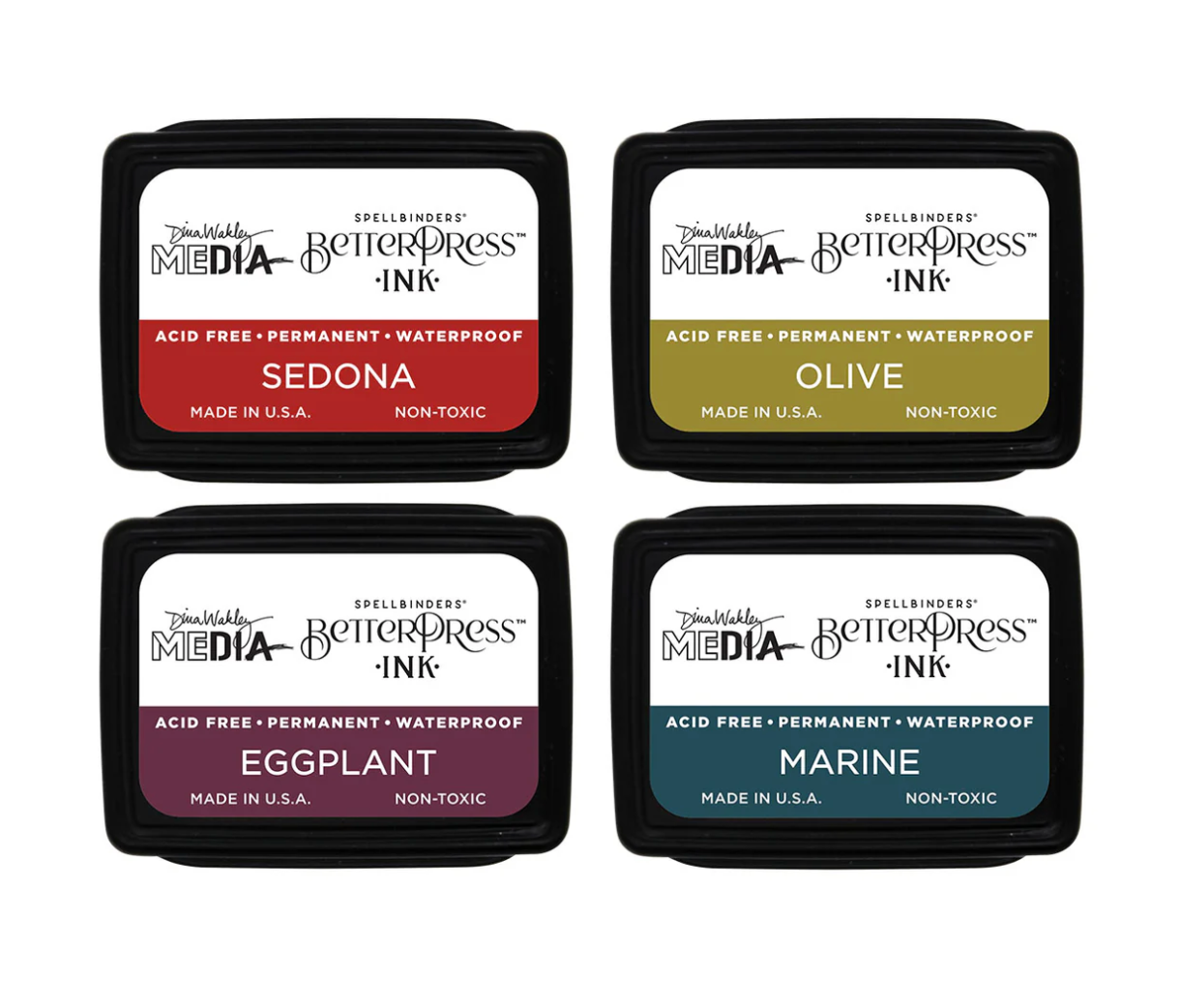 Four ink pads with different colors and labels on a white background
