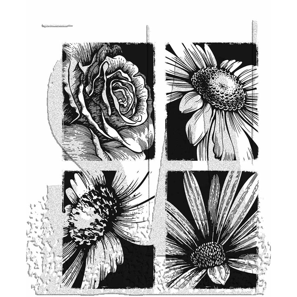 Black and white floral illustrations of rubber cling stamps arranged in a grid on a white background