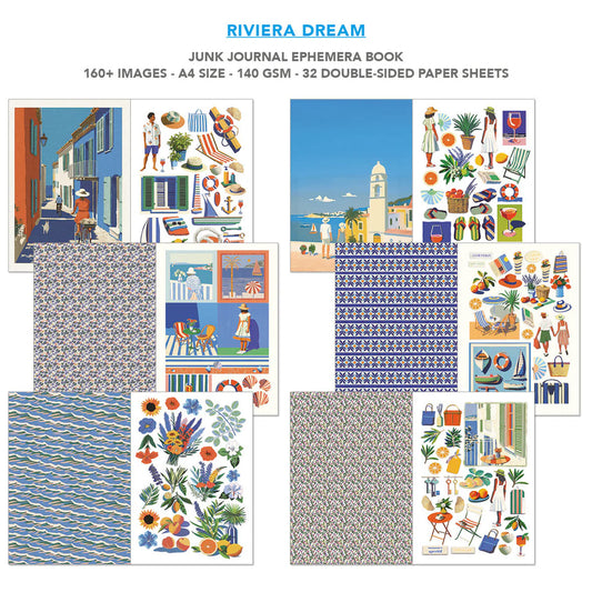 Junk Journal Ephemera Book titled 'Riviera Dream' with various illustrated pages on a white background.