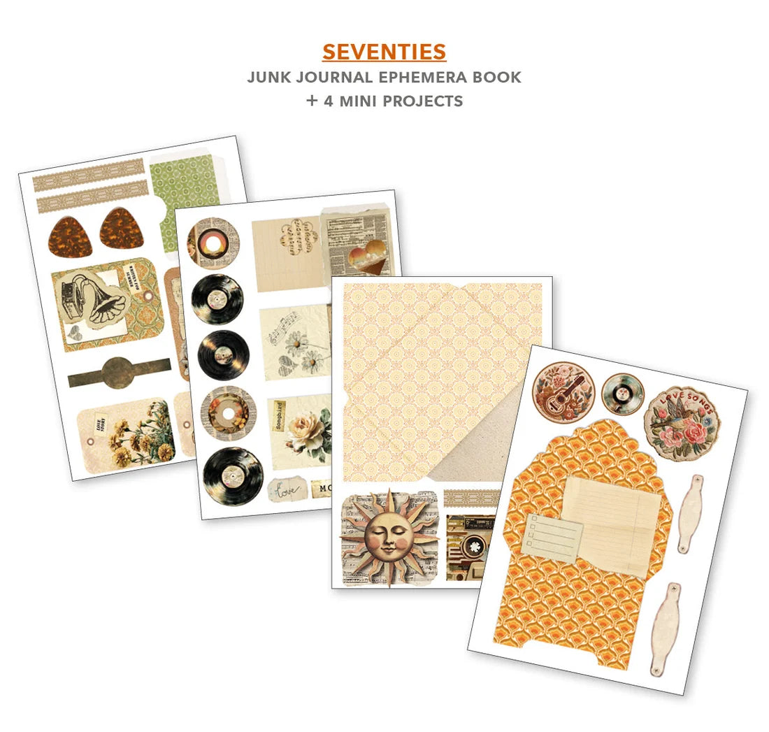 Collection of vintage-style scrapbooking elements with 'Seventies' text on a white background