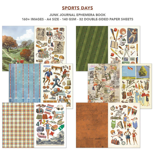 Collage of sports-themed scrapbooking paper sheets with text on a white background
