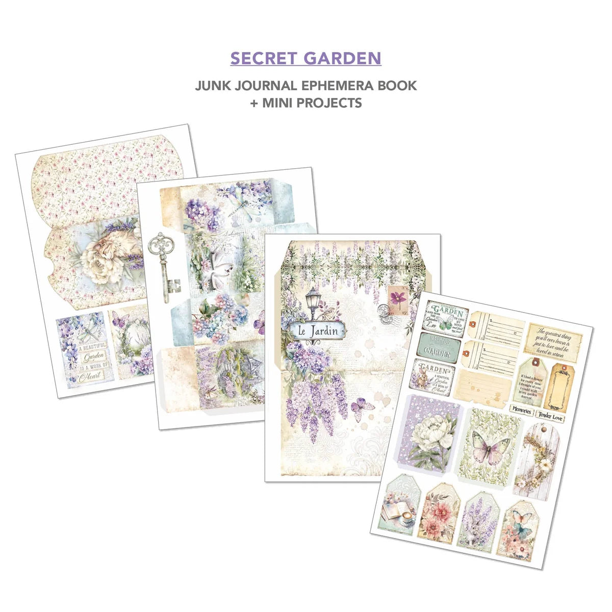 Secret Garden junk journal ephemera book with various decorative elements on a white background.