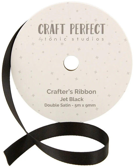 Roll of black satin ribbon with 'Craft Perfect' packaging on a white background