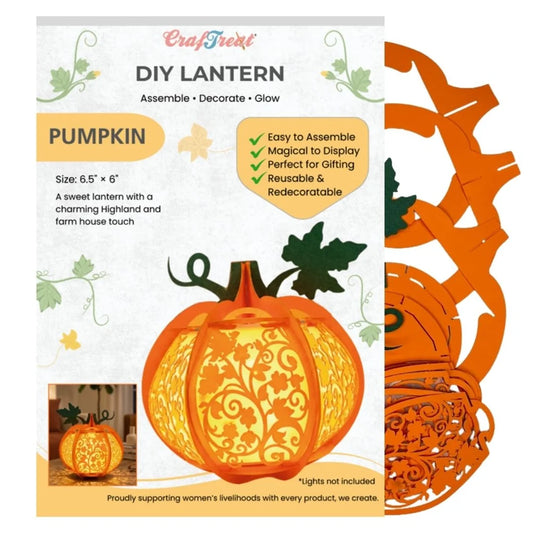 CraftTreat DIY Lantern Pumpkin kit packaging showing a large orange pumpkin lantern design, assembly and decoration text, and a side view of the layered orange lantern cutout.