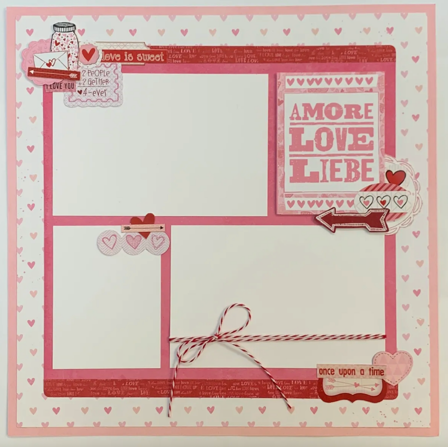 Valentine's Day scrapbook page with 'Amore Love Liebe' text and decorative elements.