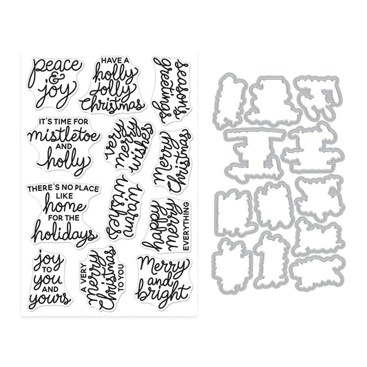 Hero Arts Very Merry Wishes stamp and coordinating die set with holiday phrases