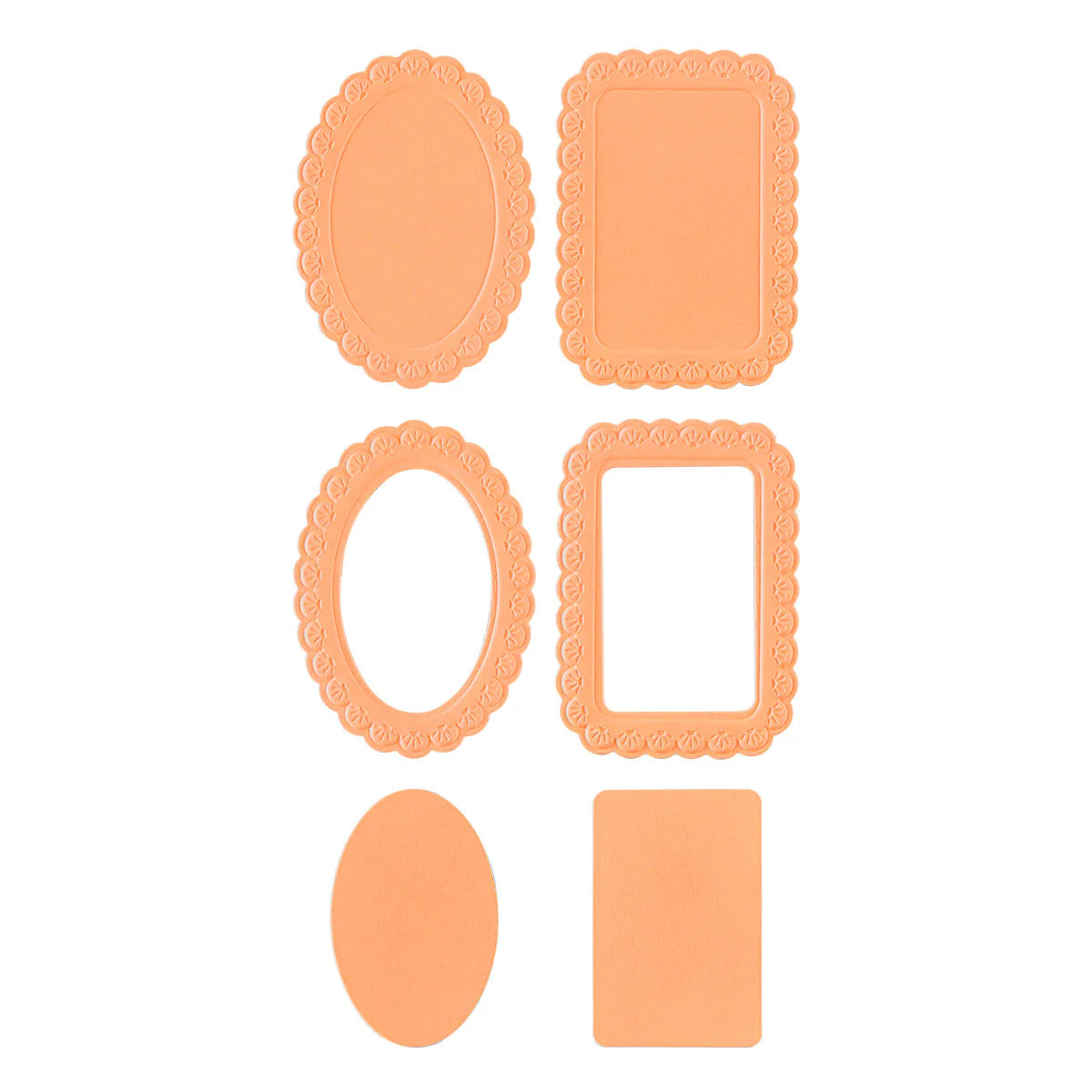 Six peach-colored paper cutters or templates in oval and rectangular scalloped, and plain shapes, arranged on a white background.