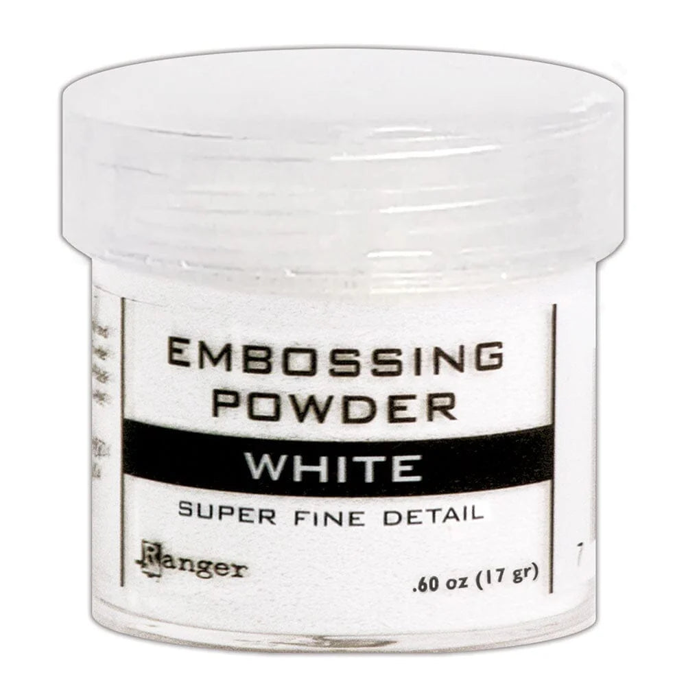 Jar of white embossing powder with a label on a white background
