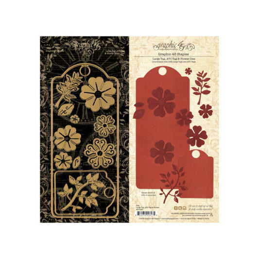A sheet of floral stamp designs shown side by side with its backing card. The left side displays the metallic gold stamp details on a black background, and the right side shows the red stamp impressions on a cream backing card.
