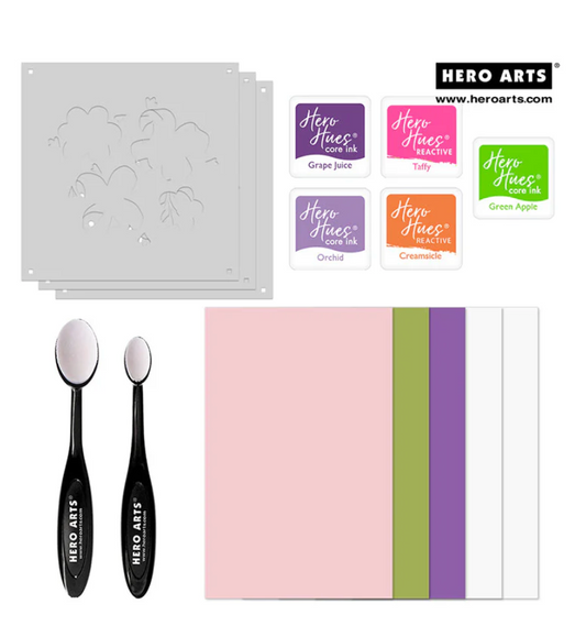 Hero Arts product set including stencils, ink pads, and tools on a white background.