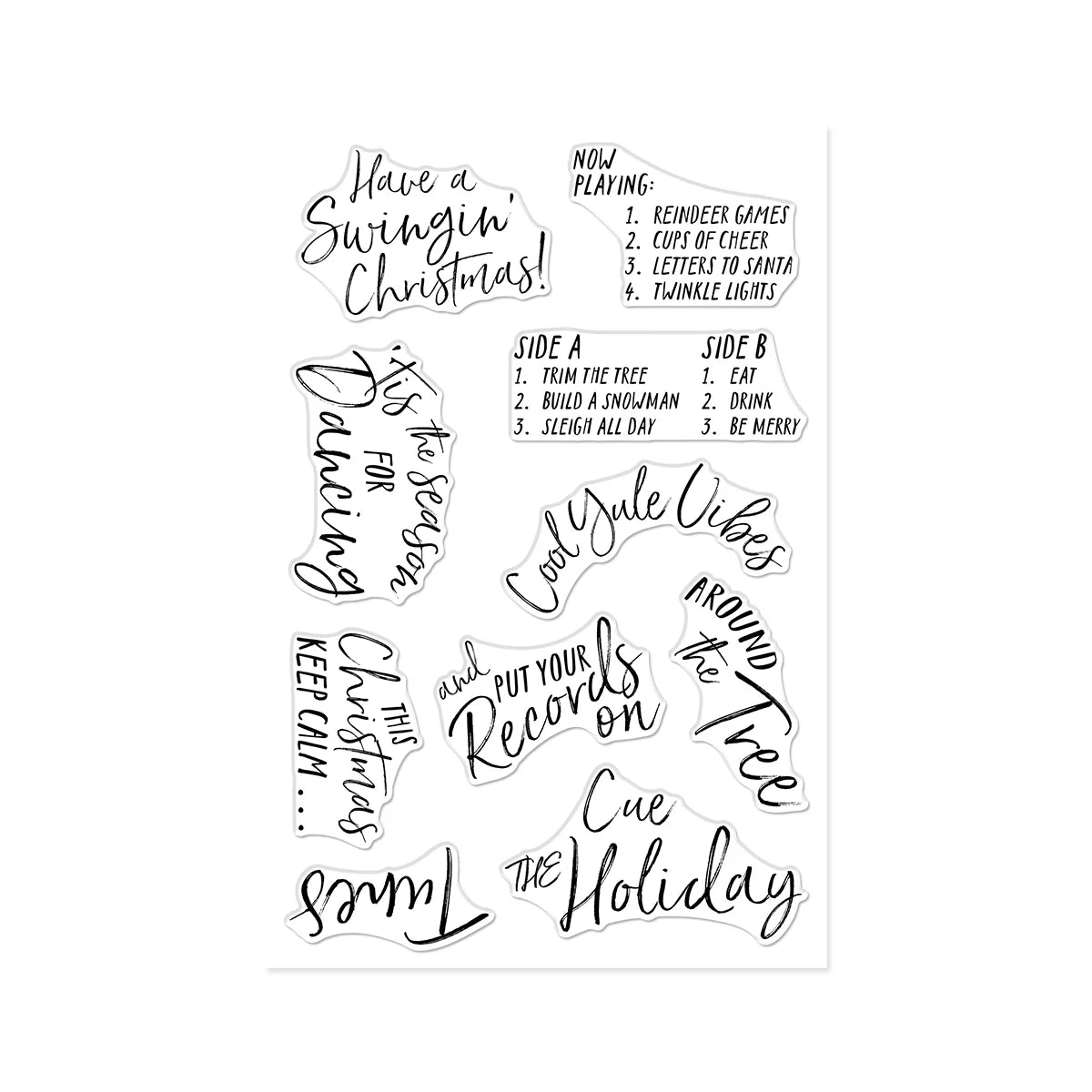 Collection of Christmas-themed phrases and song titles on a white background