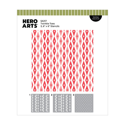 Hero Arts stencils packaging with geometric pattern and three smaller stencils below on a white background.