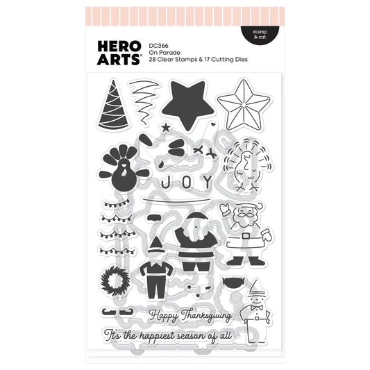 Hero Arts DC366 'On Parade' sleep & go set, featuring a sheet of clear stamp and die designs for Thanksgiving and holiday-themed crafting, including Santa Claus, turkeys, a turkey, a star, a wreath, and 'JOY' and 'Happy Thanksgiving' text.