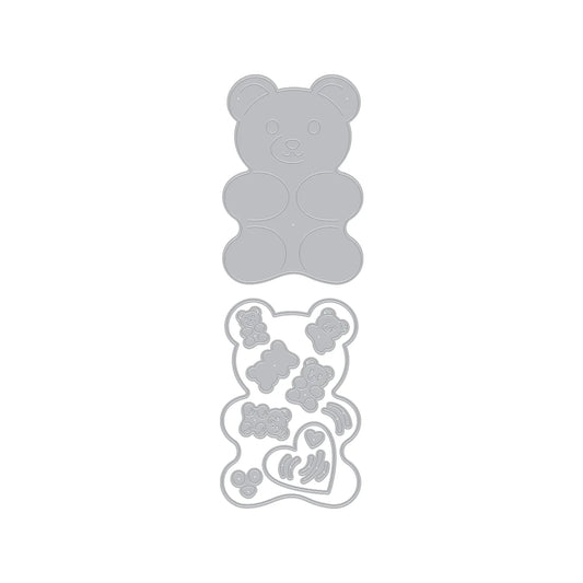 A silver metal cutting die set shaped like a gummy bear, shown with the flat die outline above and the cutout pattern result below on a plain white background.