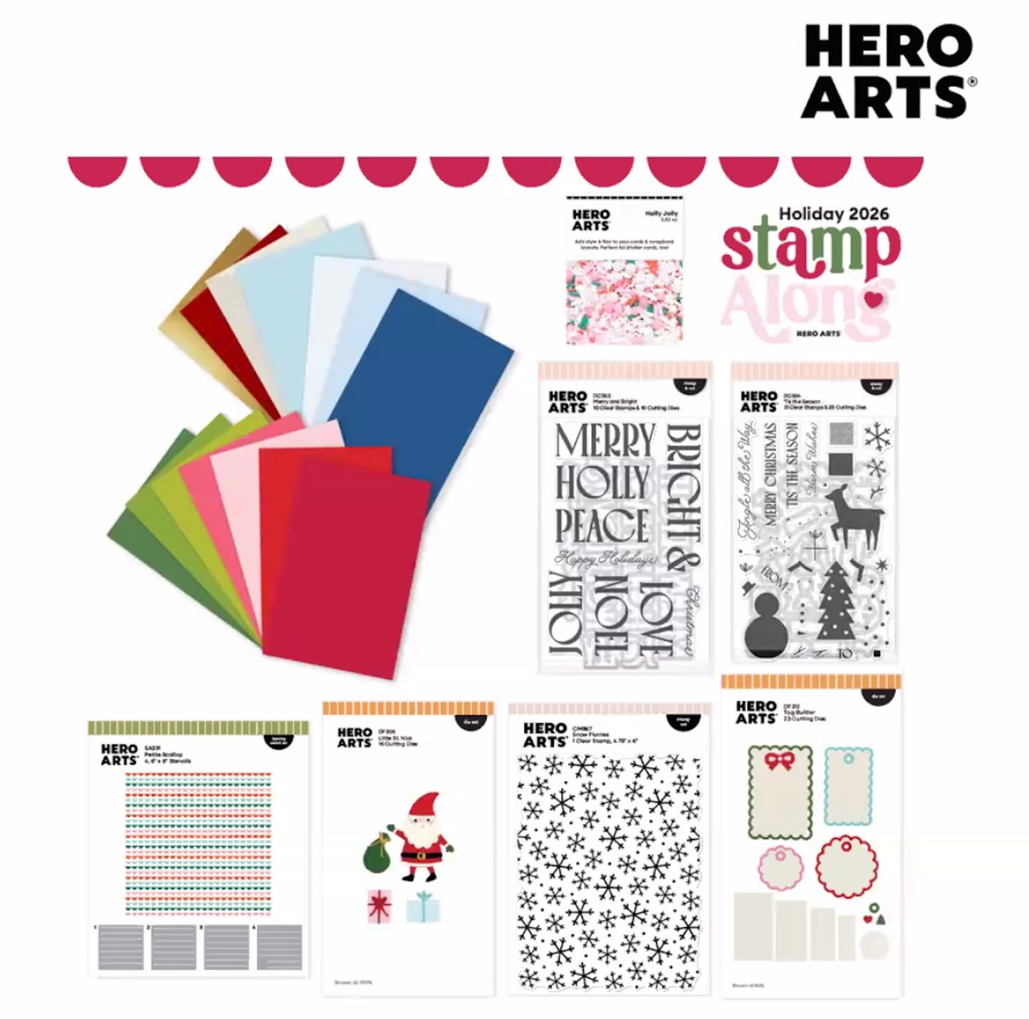 promotional graphic with colored cardstock, stamps, dies, and stencils for hero arts