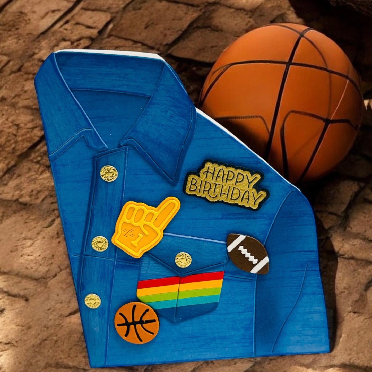 Jean card sample for birthday with sports flair pins.