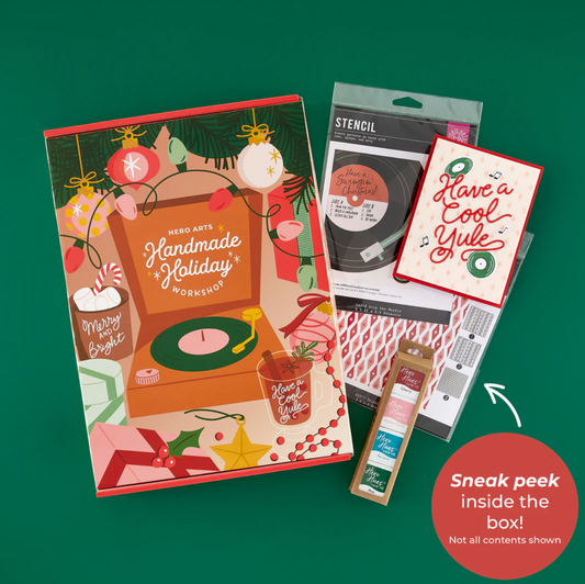 Hero Arts Handmade Holiday Card kit contents inks, stencils, dies, stamps, and booklet