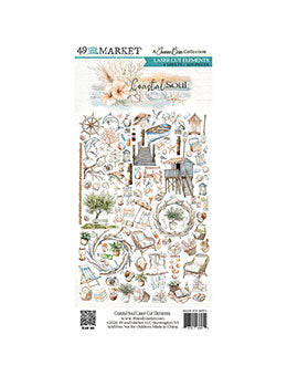 A sheet of decorative craft decals or stamps from 49 Market's 'Time Travel Collection' titled 'Crystal Lake'. The sheet features numerous small, vintage-style illustrations of a lighthouse, boats, gears, and water elements in a soft pastel color palette on a white background.