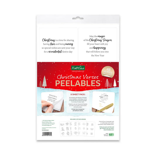 Katy Sue Christmas Verse Peelables in a hanging retail package, showing the front and back of the cardstock sheet pack on a white background.