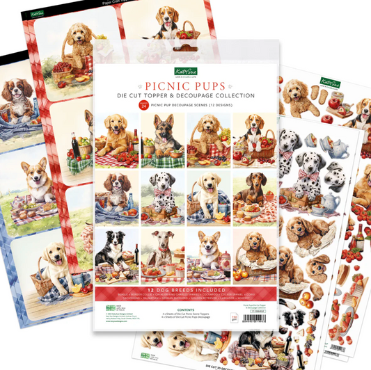 Collection of die-cut topper and decoupage sheets featuring dogs at a picnic, with packaging displaying 'Kaisercraft' branding.