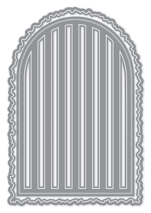 Gray metal cutting die with an arched door pattern featuring vertical panels and wavy outer edges, shown on a plain white background.