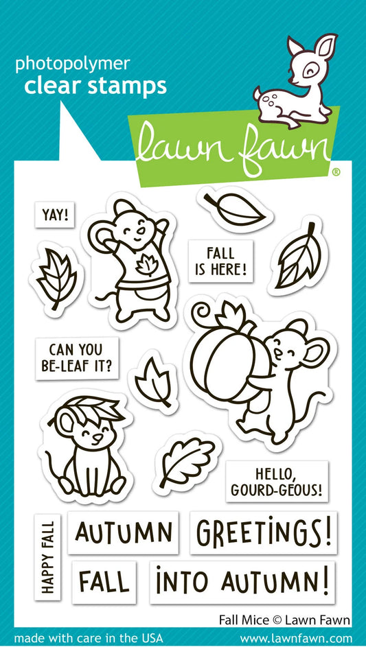 Lawn Fawn photopolymer clear stamps featuring fall-themed cartoon mice, leaves, acorns, and autumn greeting text on a white sheet with branding at the top.