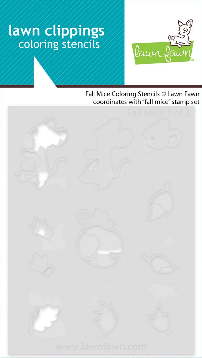 Lawn clippings coloring stencils sheet featuring fall mouse and autumn leaf stencil shapes on a light gray background, with a teal and white header card showing the Lawn Fawn logo.
