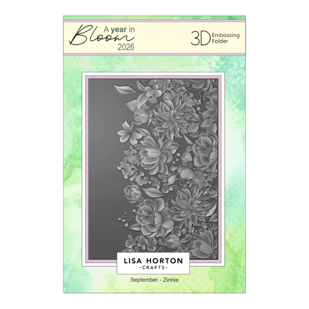 Lisa Horton Crafts 'A Year in Bloom 2026' 3D Embossing Folder, September - Zinnia, featuring a gray floral embosser sheet on a mint green watercolor-patterned packaging card.