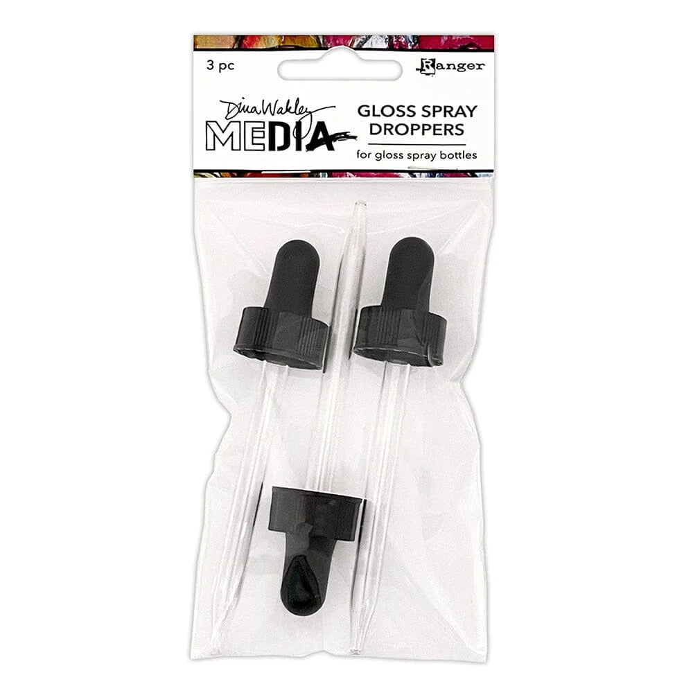 Three clear plastic spray droppers with black rubber tips in retail packaging, labeled Dana Mktdy Media Gloss Spray Droppers.