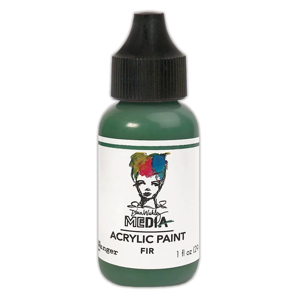 A bottle of Dina Wakley Media Acrylic Paint in the shade FIR, featuring a dark green body, a white label with a colorful logo, and a black cap, set against a plain white background.