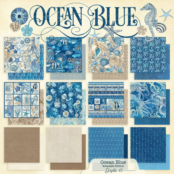 Collection of ocean-themed paper designs with various patterns and sea creatures on a beige background.