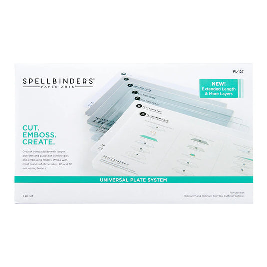 Spellbinders paper arts product packaging with text and images of universal plate system