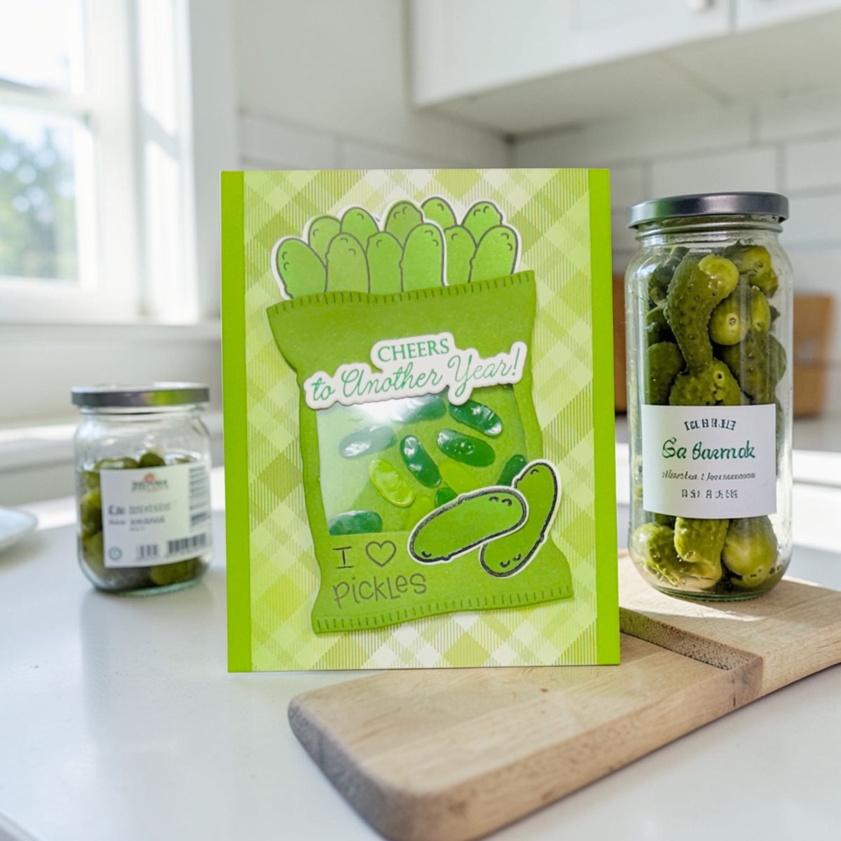 green pickle card with a shaker window on green plaid paper in. kitchen background